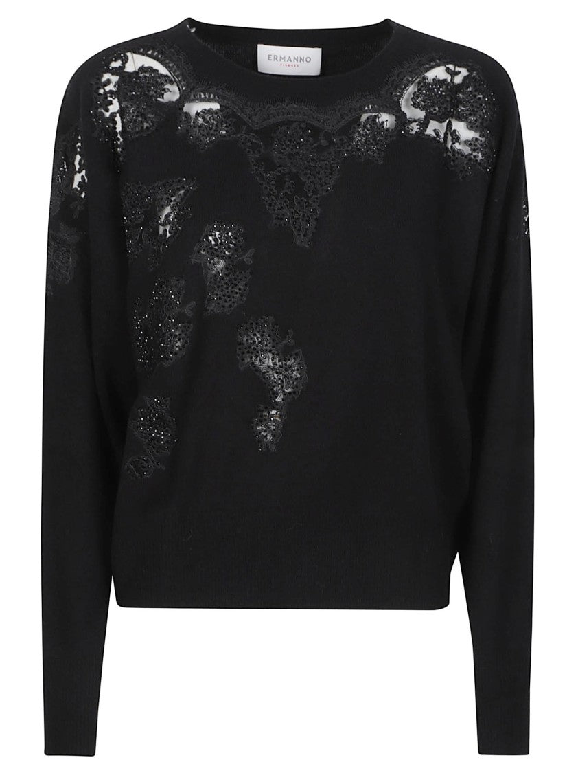 Ermanno Firenze Round Neck Lace Embellished Wool Cropped Sweater