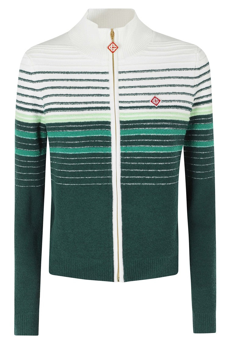 Casablanca Green Boucle Stripe Logo Patch Zip Cotton-Blend Cardigan