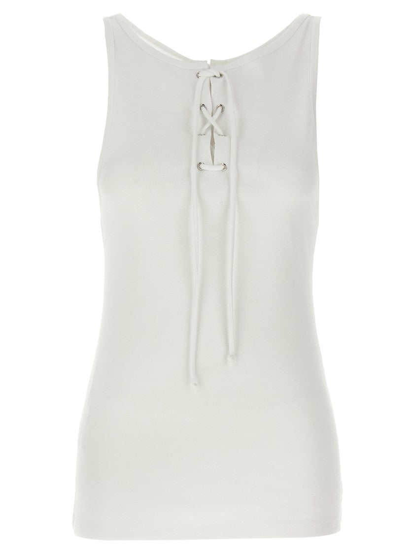 Prada Ribbed Cotton Tank Top With Asymmetric Neckline And Lace Detail