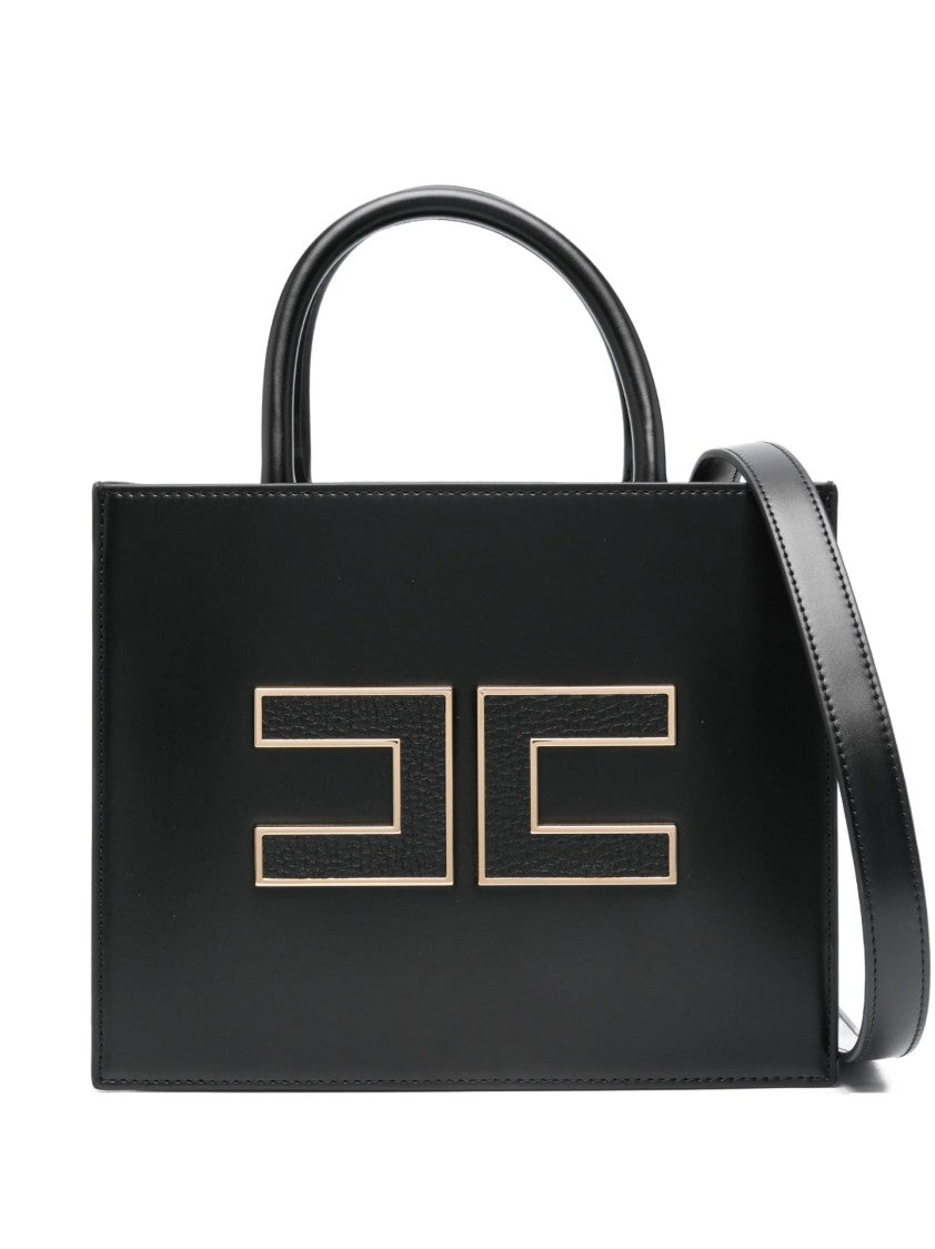 Elisabetta Franchi Structured Black Handbag With Gold Logo Accents