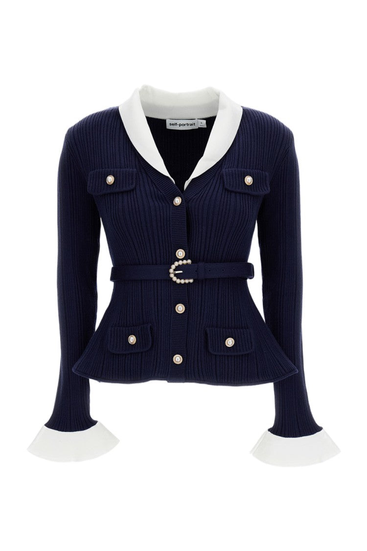Self-Portrait Blue Navy/White Ribbed Belted Cardigan