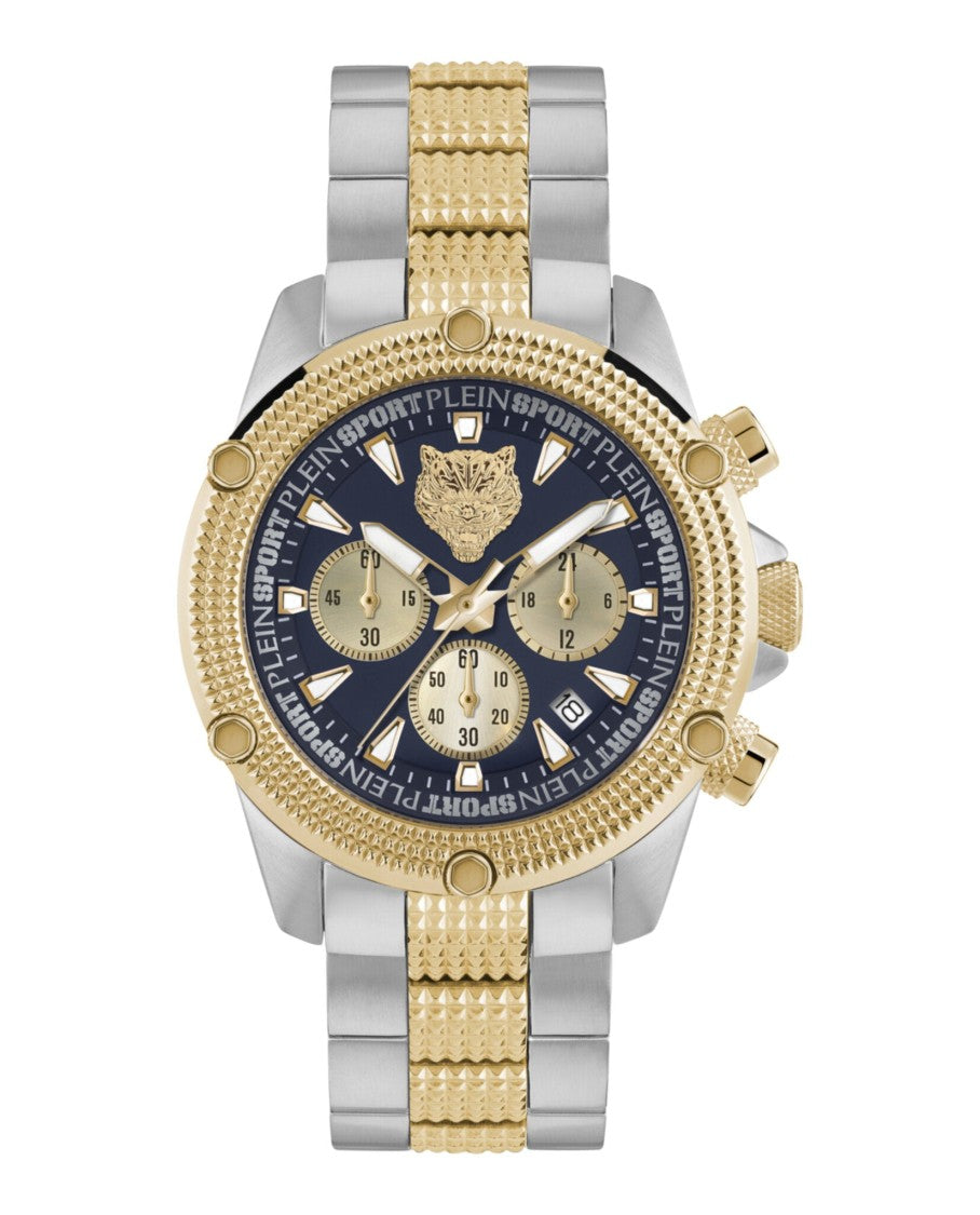 Plein Sport Chronograph Timepiece With Two-Tone Finish And Blue Guilloche Dial
