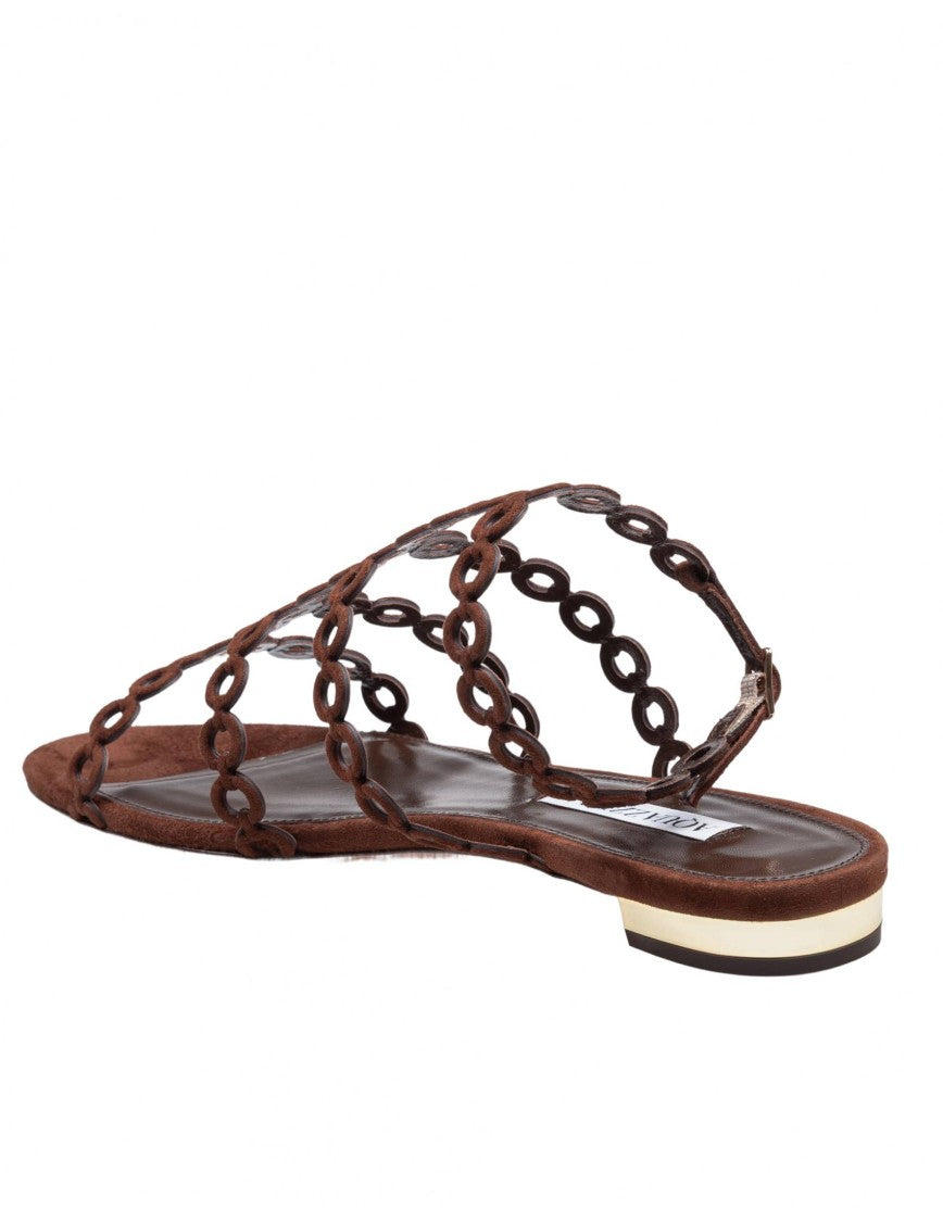 Aquazzura Espresso Suede Flat Sandals With Chain Detail