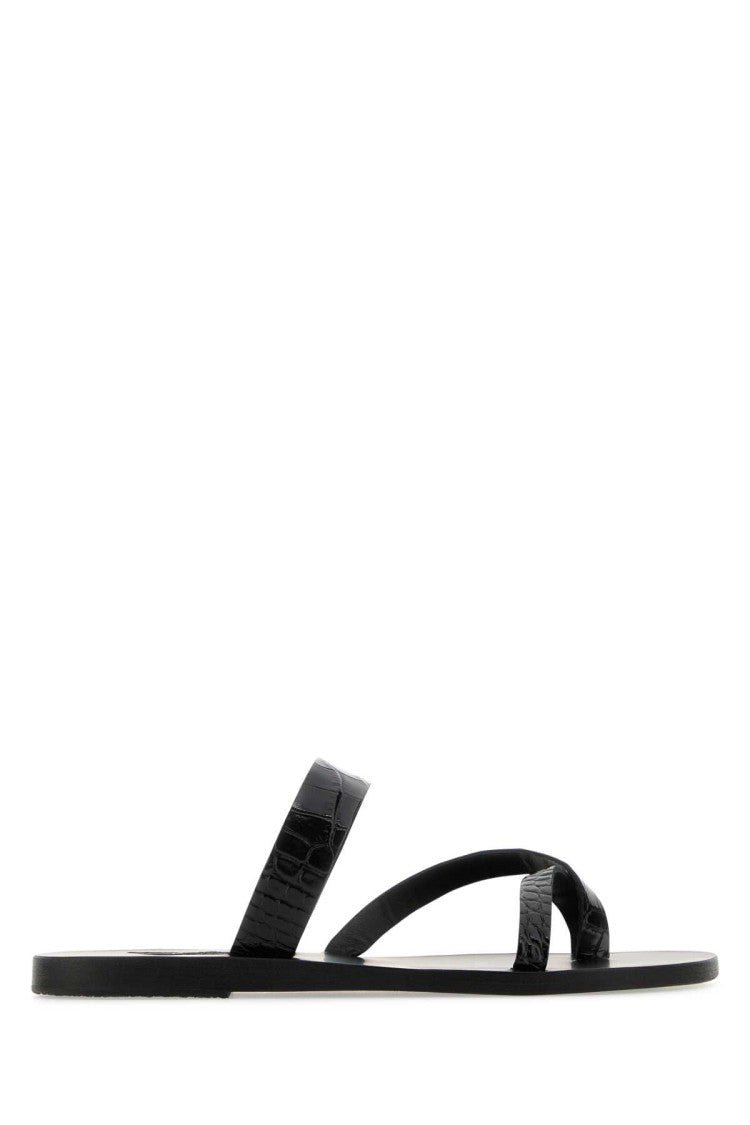 Ancient Greek Sandals Black Leather Daphnae Thong Slippers