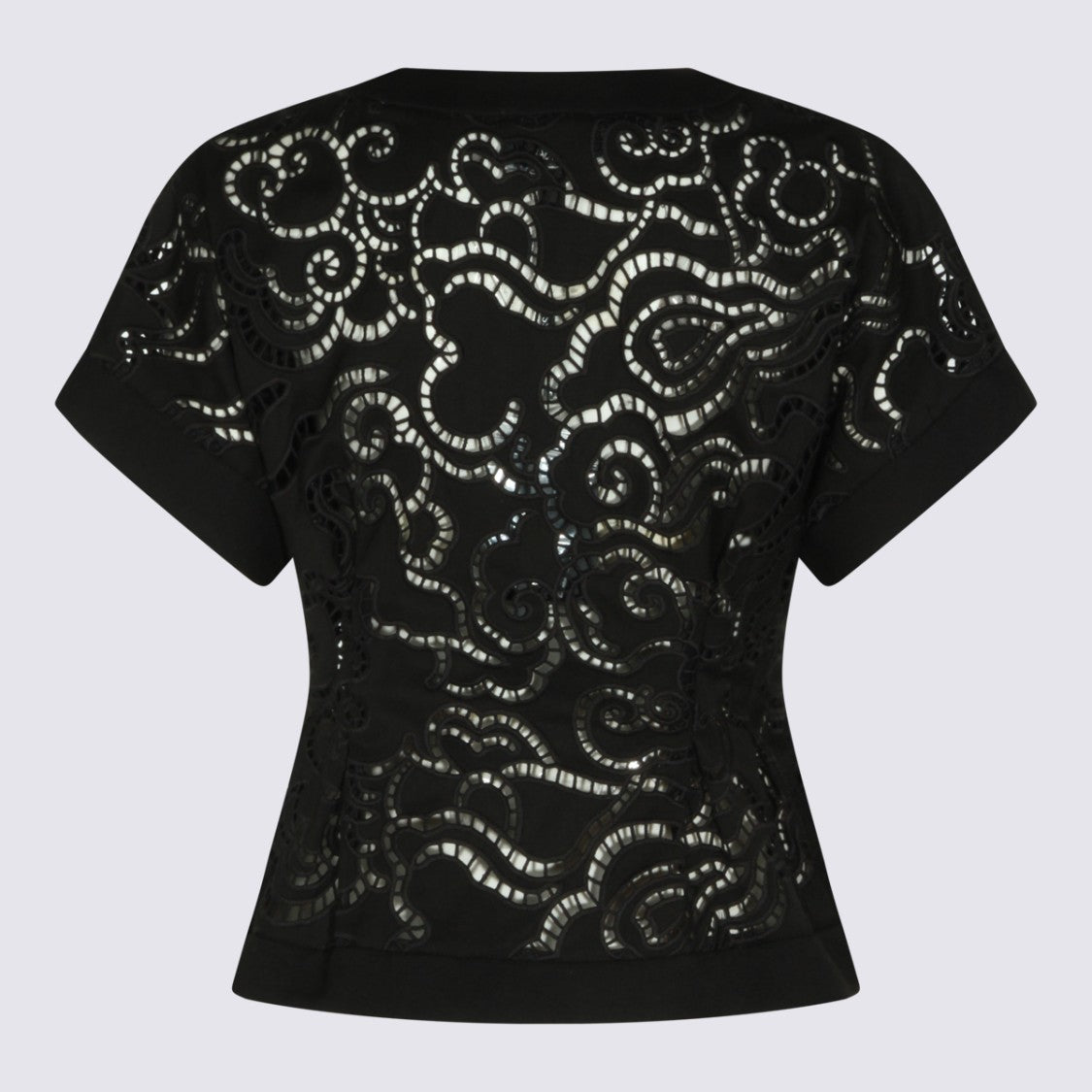 Nissa Fitted Black Tops With Lace Cutouts And V-Neckline