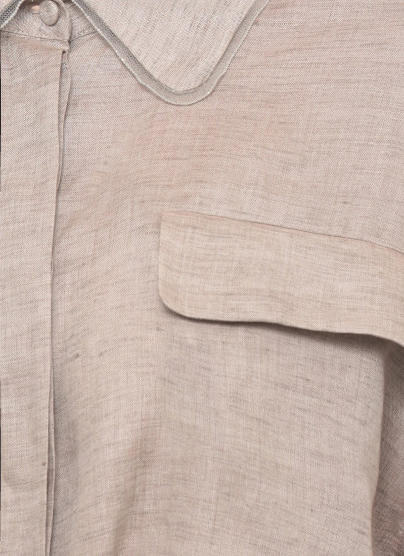 Fabiana Filippi Brown Linen Midi Dress With Classic Collar And Belted Waist