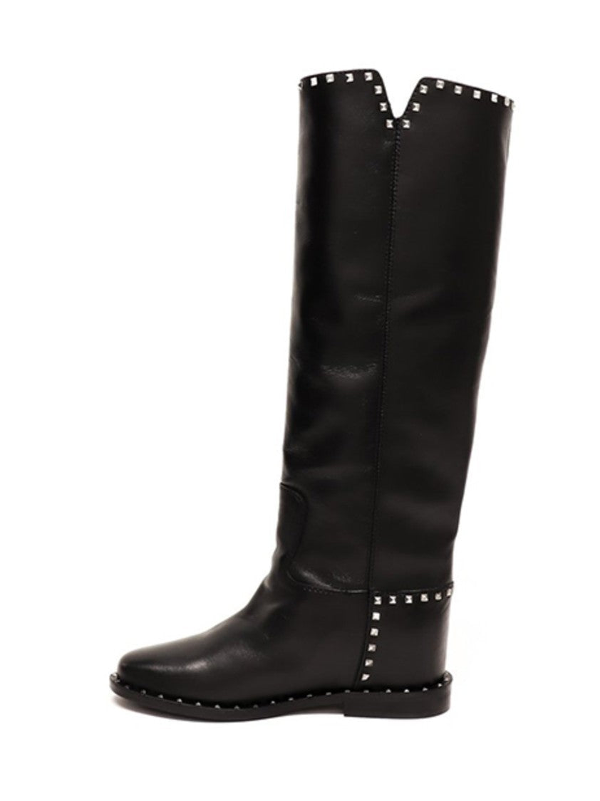 Via Roma 15 High Black Leather Boots With Silver Stud Accents