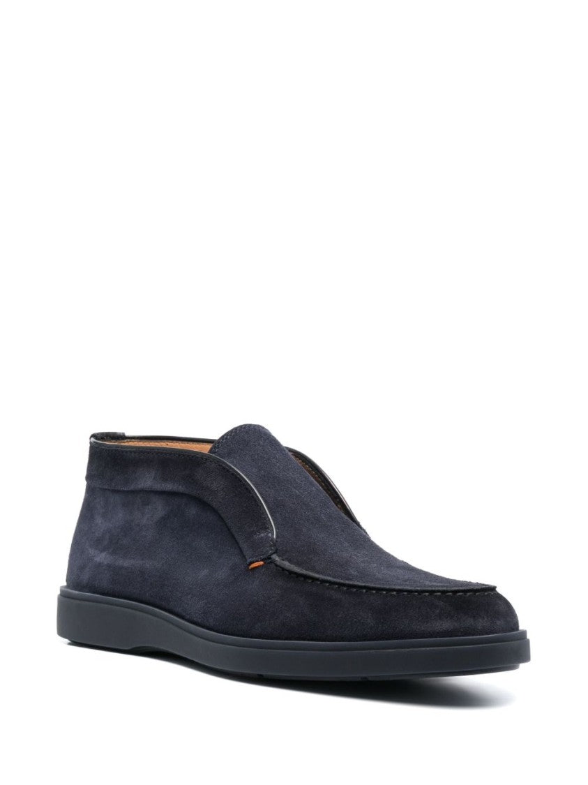 Santoni Midnight Blue Calf Suede Slip-On Shoes With Branded Insole