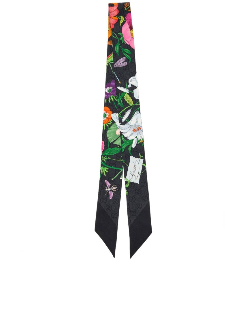 Gucci Black Flora Canvy Twill Scarf
