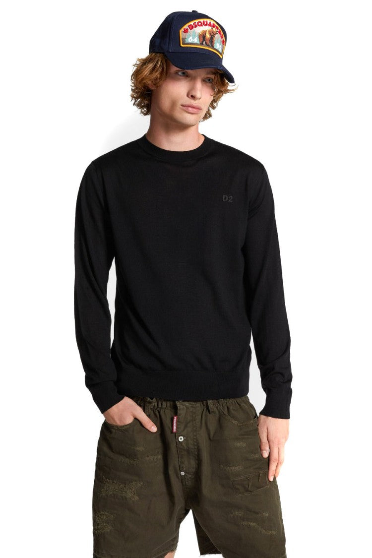 Dsquared2 Black Wool Tonal-Logo Crewneck Sweater