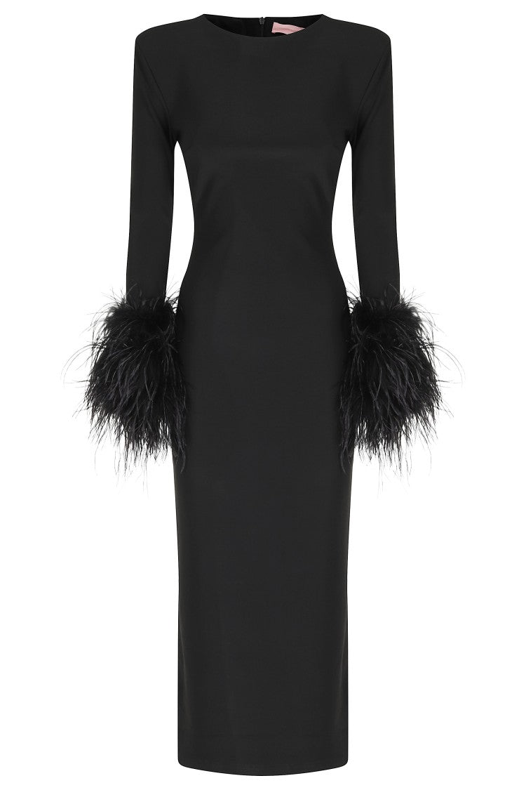 Twenty Fourhaitch Black Teide Long Feather-Trimmed Midi Dress