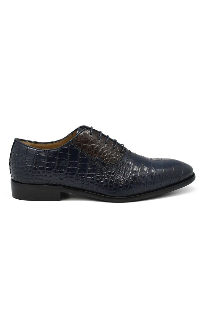 Caporicci Oxford Shoes In Blue Alligator-Style Embossed Leather