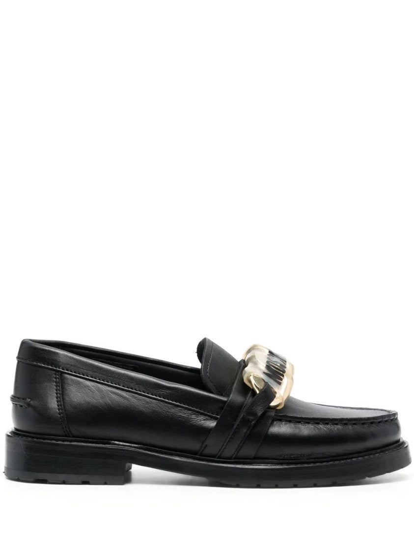 Moschino Sleek Black Leather Loafers With Decorative Chain Detail
