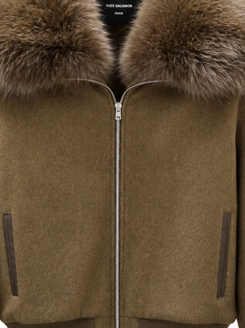 Yves Salomon Wool Flannel Bomber Jacket With Plush Fox Fur Collar