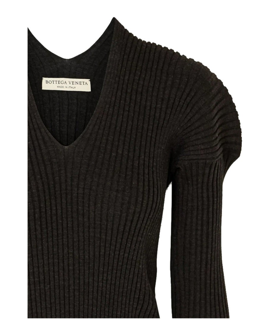 Bottega Veneta Fitted Ribbed Knit Sweater With V-Neckline And Lettuce-Trim Hem