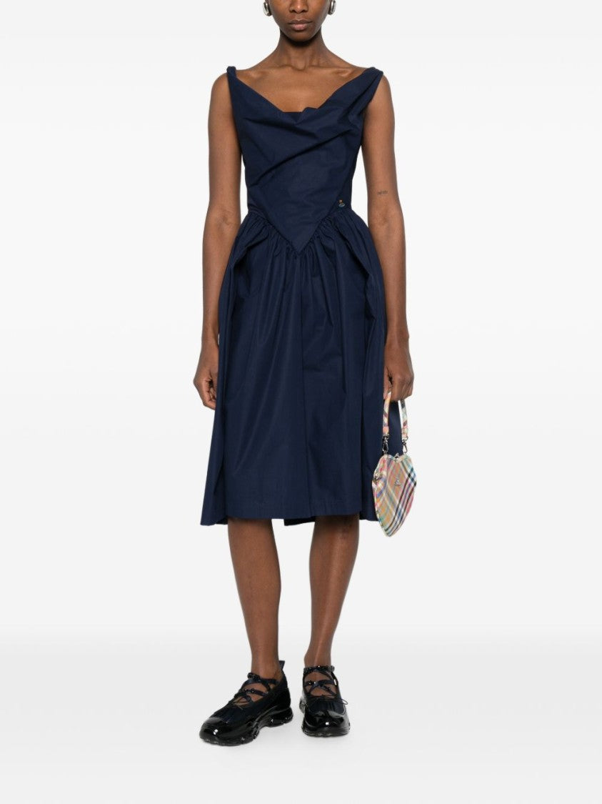 Vivienne Westwood Draped Neckline Blue Midi Dress With Structured Bodice