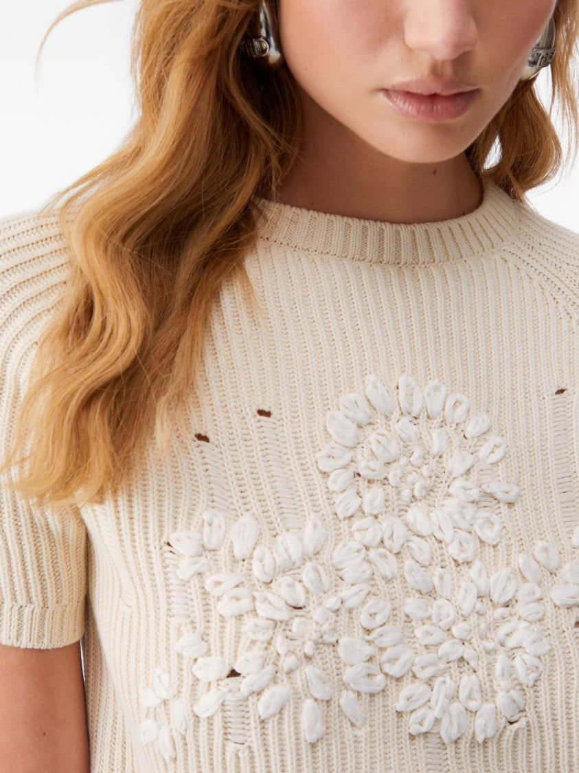 Liu Jo Cream Floral Rib-Knit Top