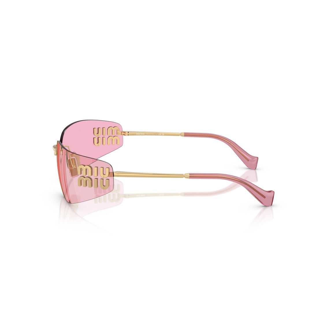 Miu Miu Rimless Rectangular Sunglasses With Gold-Toned Temples And Pink Lenses