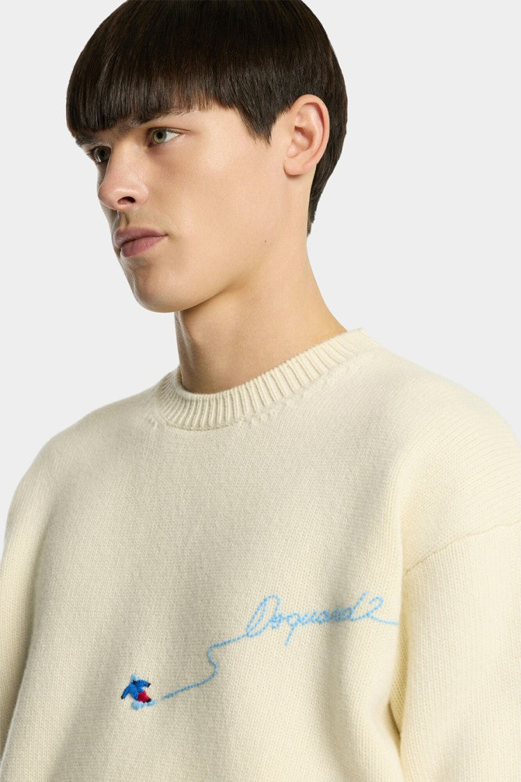 Dsquared2 Cream Wool Embroidered-Logo Sweater
