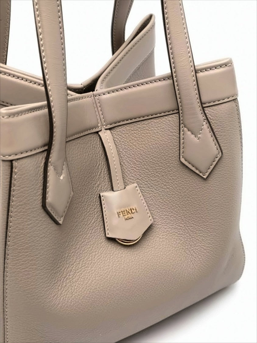 Fendi Structured Taupe Leather Shoulder Bag With Gold-Tone Detail