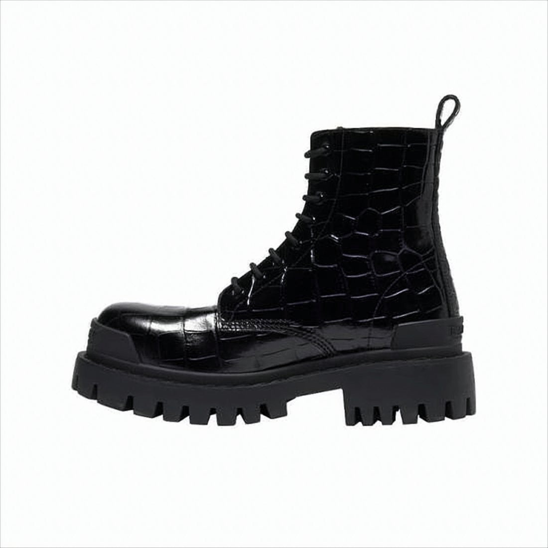 Balenciaga Glossy Black Leather High-Top Boots With Crocodile Texture