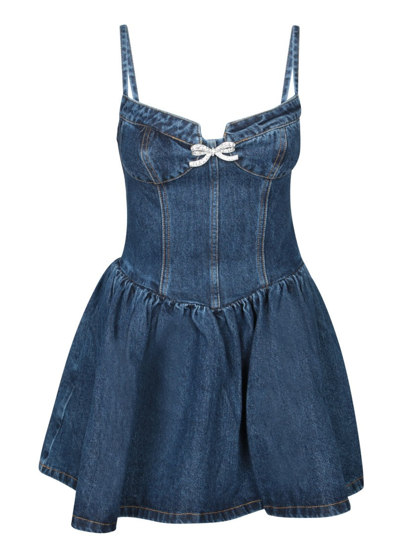 Self-Portrait Mini Denim Dress With Diamond Bow Detail