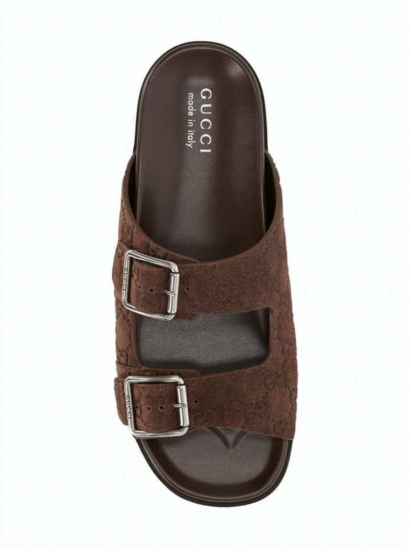 Gucci Suede Slide Sandals With Adjustable Silver Buckles