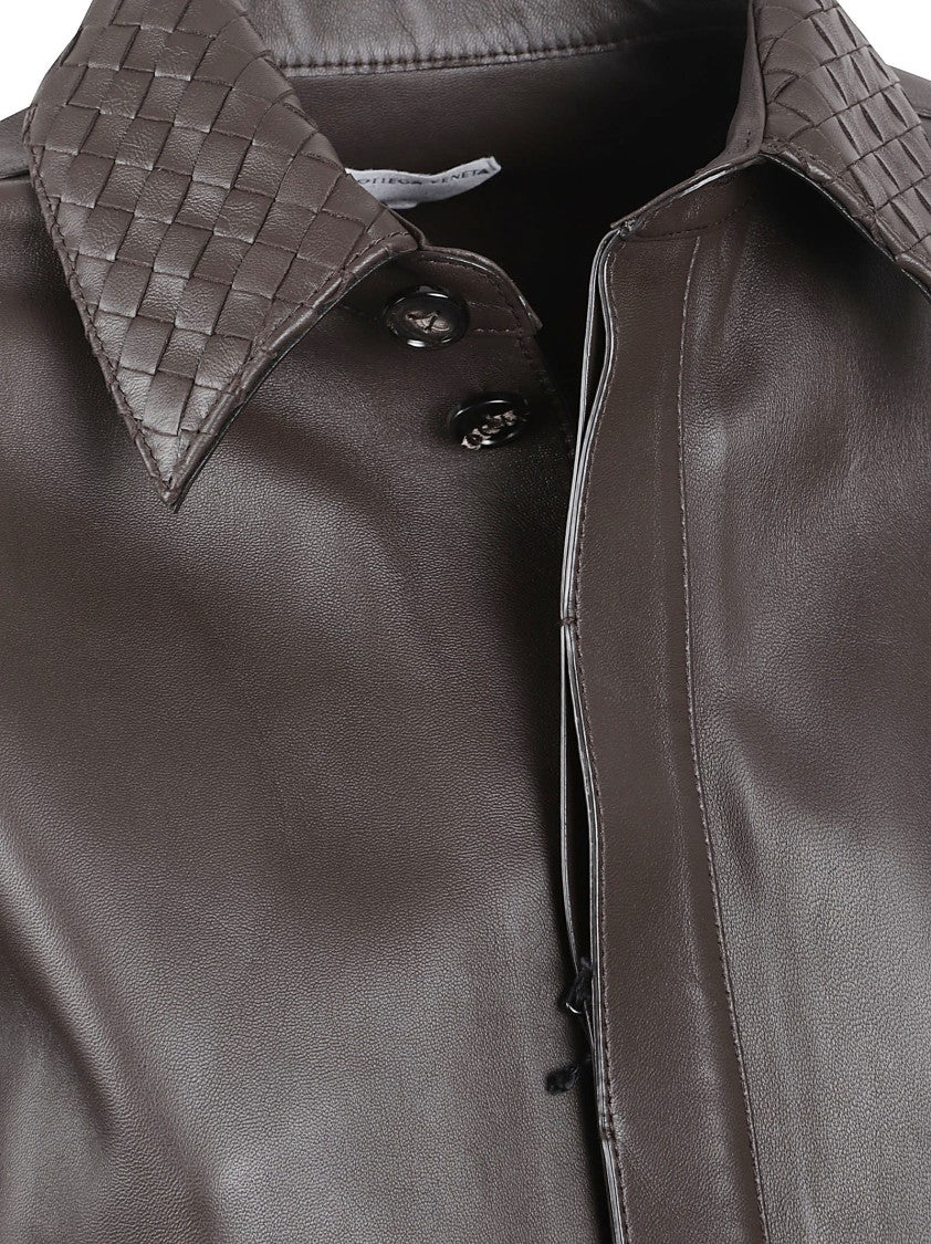 Bottega Veneta Boxy Brown Woven Leather Collar Jacket