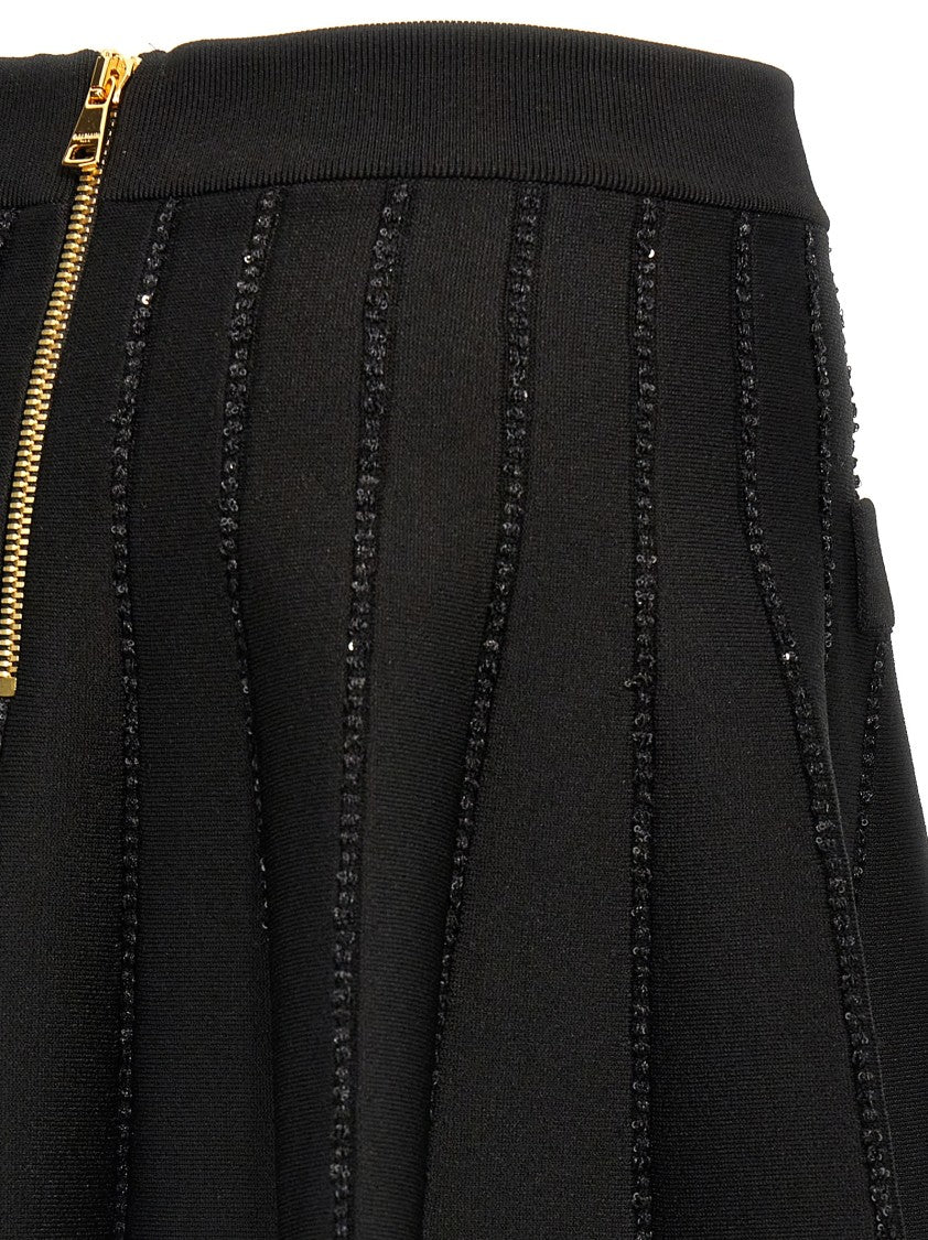 Balmain Flared Knitted Skirt With Sequin Detail And Trompe-L'œil Pockets