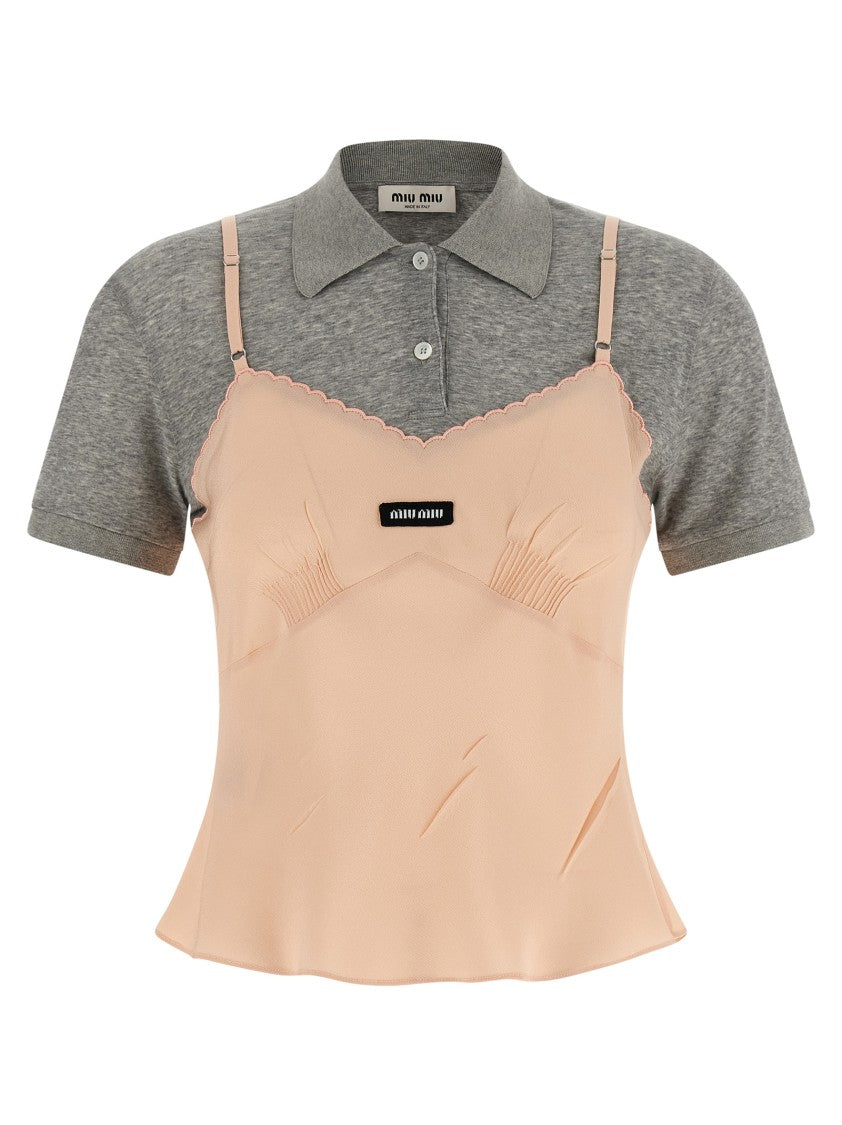 Miu Miu Layered Hybrid Top With Scalloped Edges And Front Logo Patch
