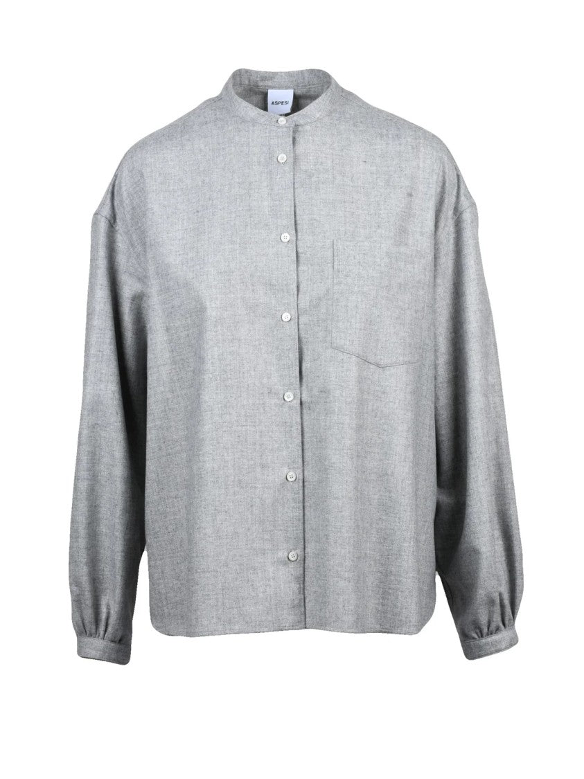 Aspesi Light Grey Virgin Wool-Blend Mandarin Collar Shirt