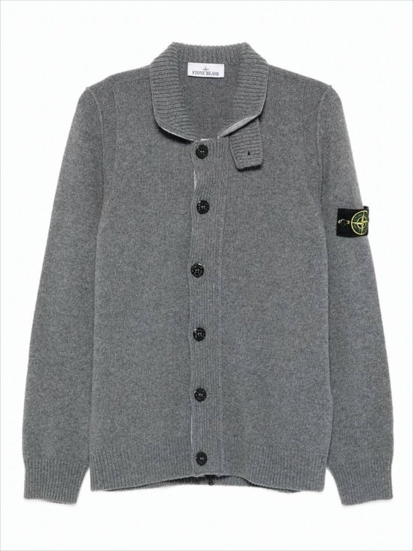 Stone Island Soft Grey Knit Cardigan With Button-Up Front And Signature Patch