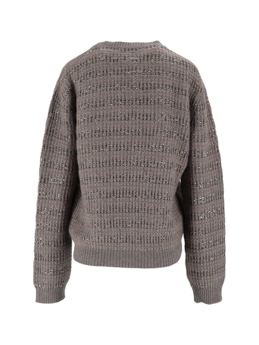 Fabiana Filippi Falcon Platinum Mohair Sequin Striped Crewneck Sweater
