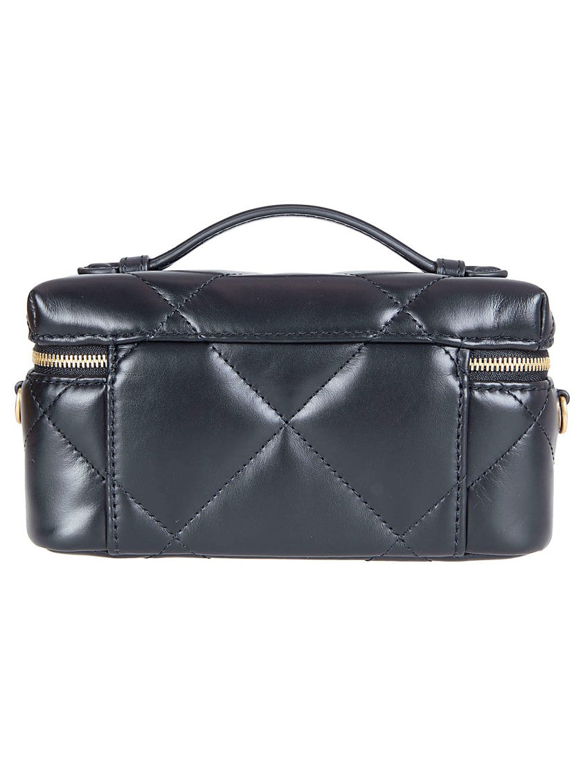 Tory Burch Quilted Black Vanity Wallet With Chain Strap And Signature Emblem