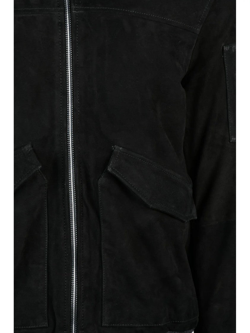 Les Hommes Black Goat Suede Bomber Jacket With Iconic Design Elements