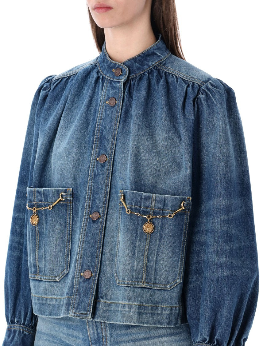 Chloé High-Neck Gathered Denim Jacket
