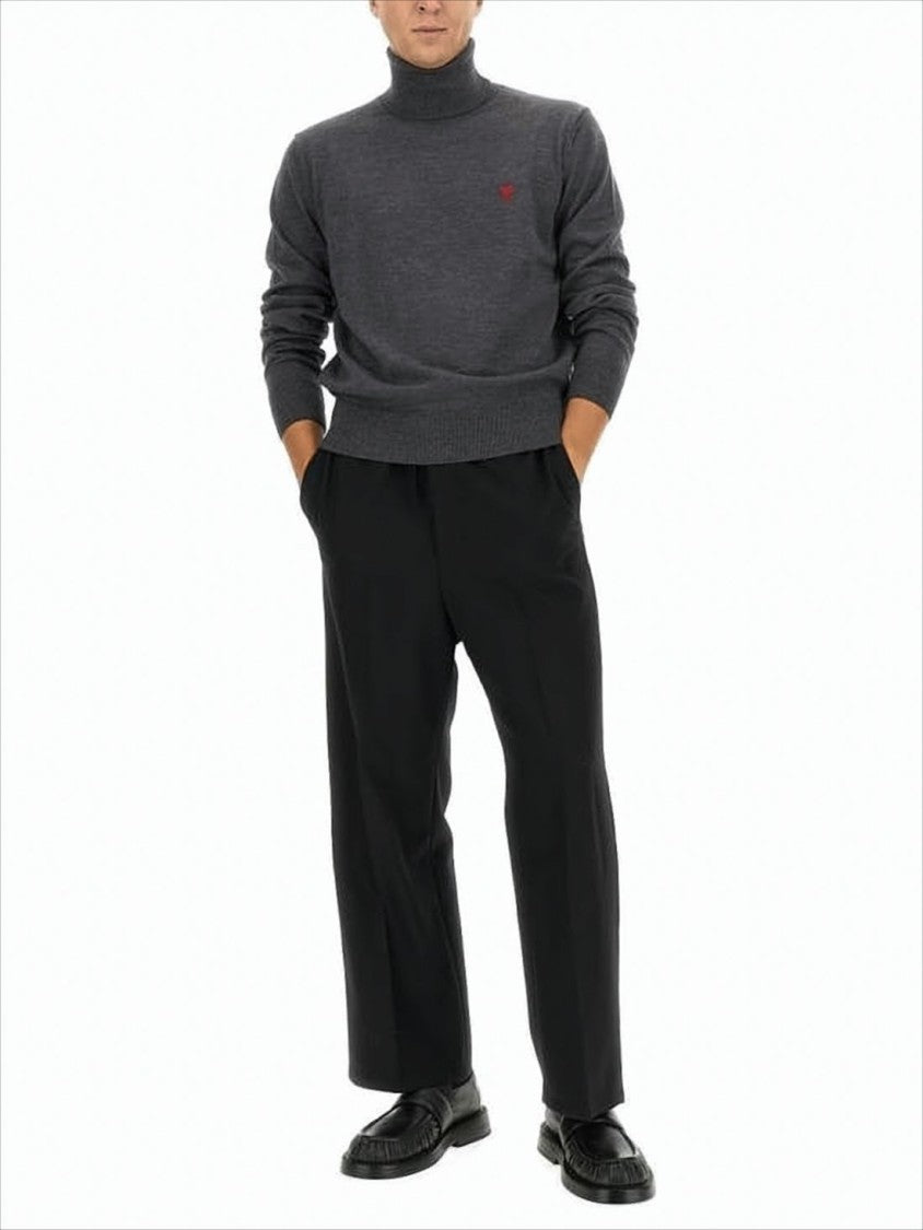 Ami Refined Merino Wool Turtleneck Sweater With Subtle Embroidery