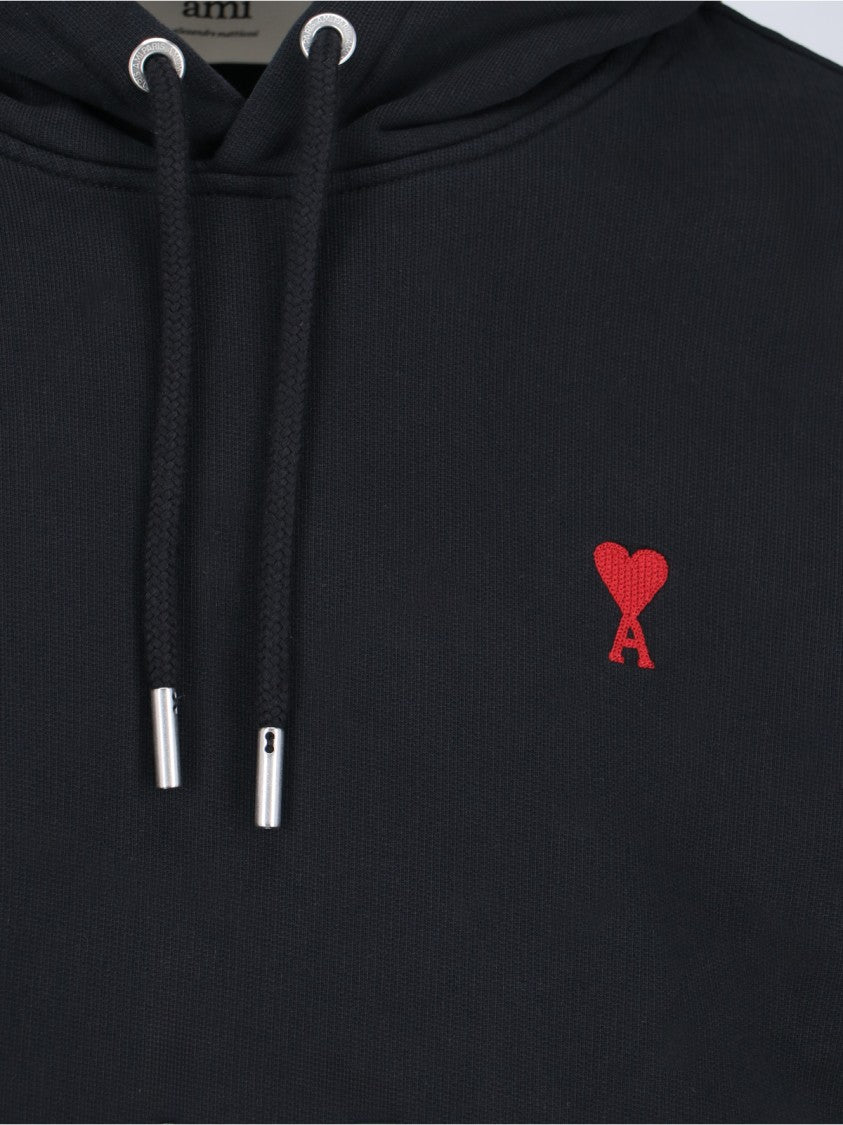 Ami Cotton Hoodie With Drawstring Hood And Red Logo Embroidery