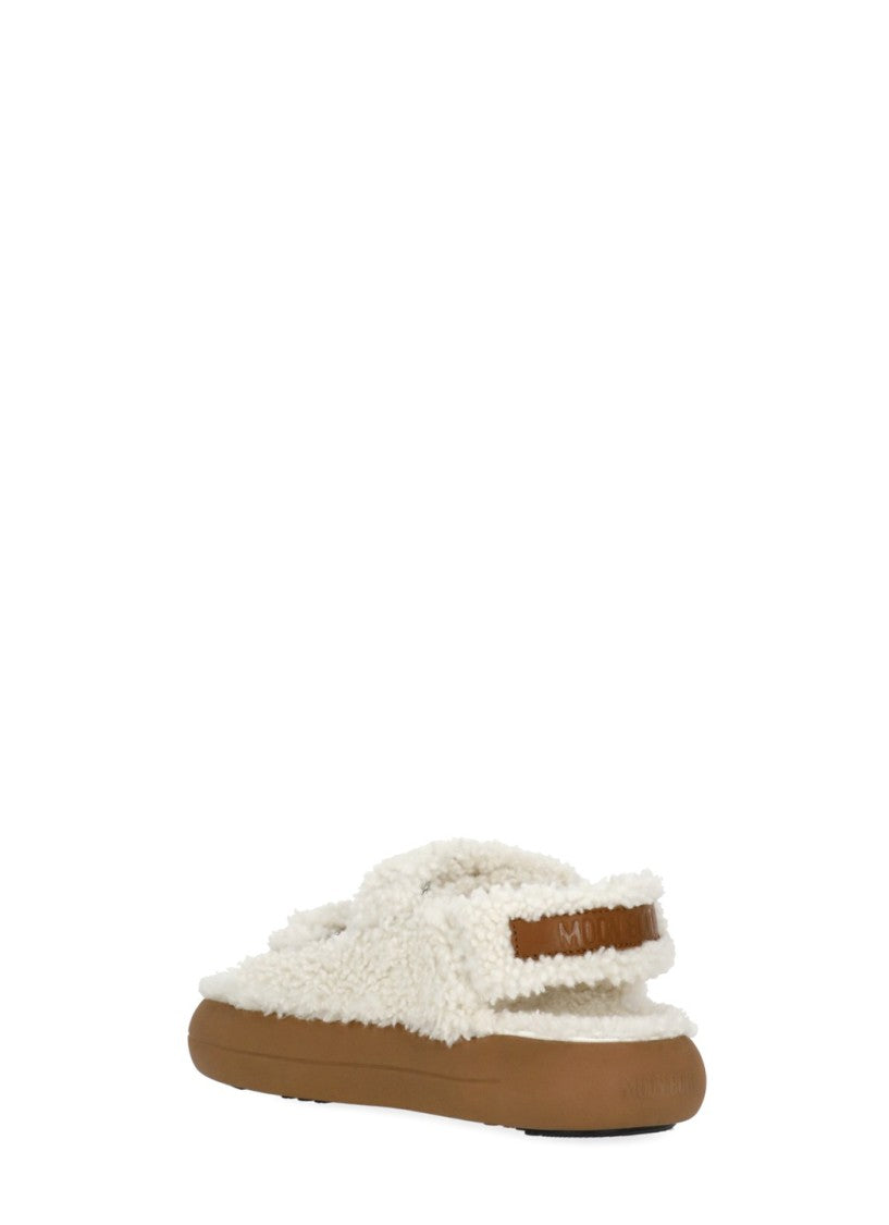 Moon Boot Ivory Velcro Strap Shearling Sandals