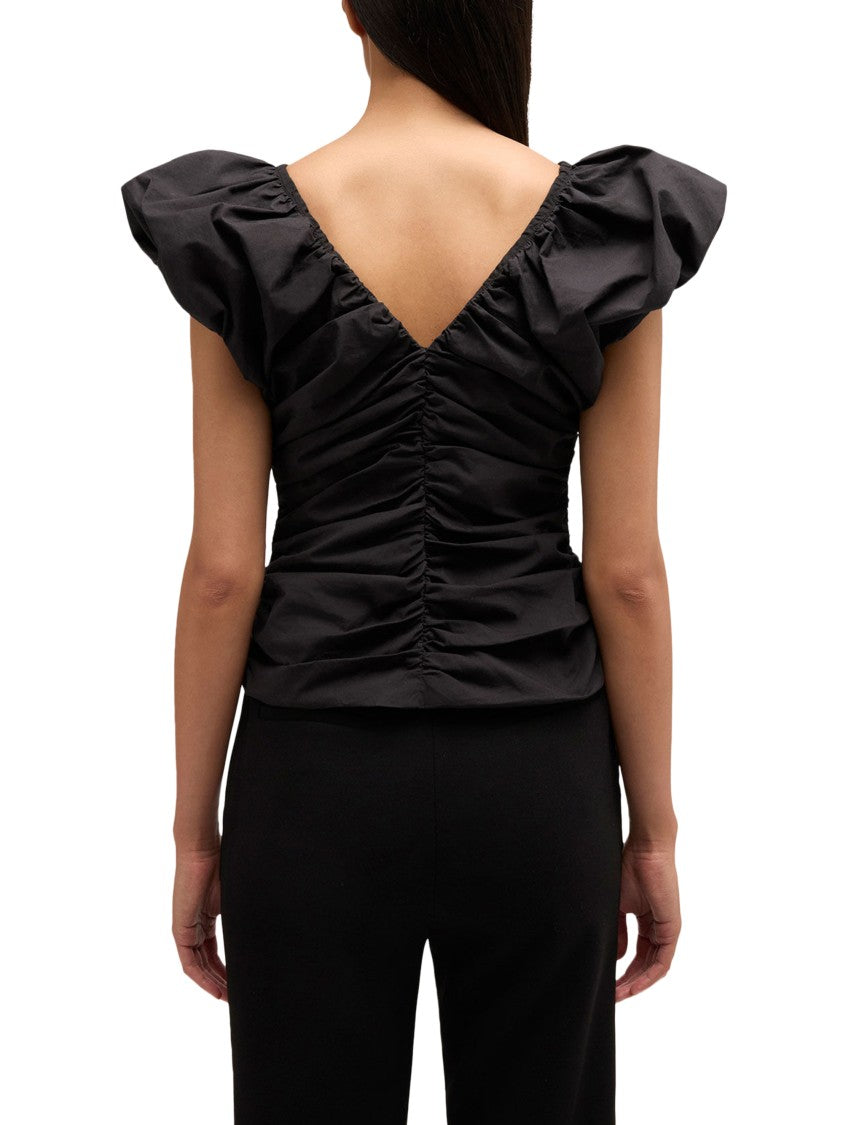 Ganni Ruched Black Cotton Top With Puffed Sleeves