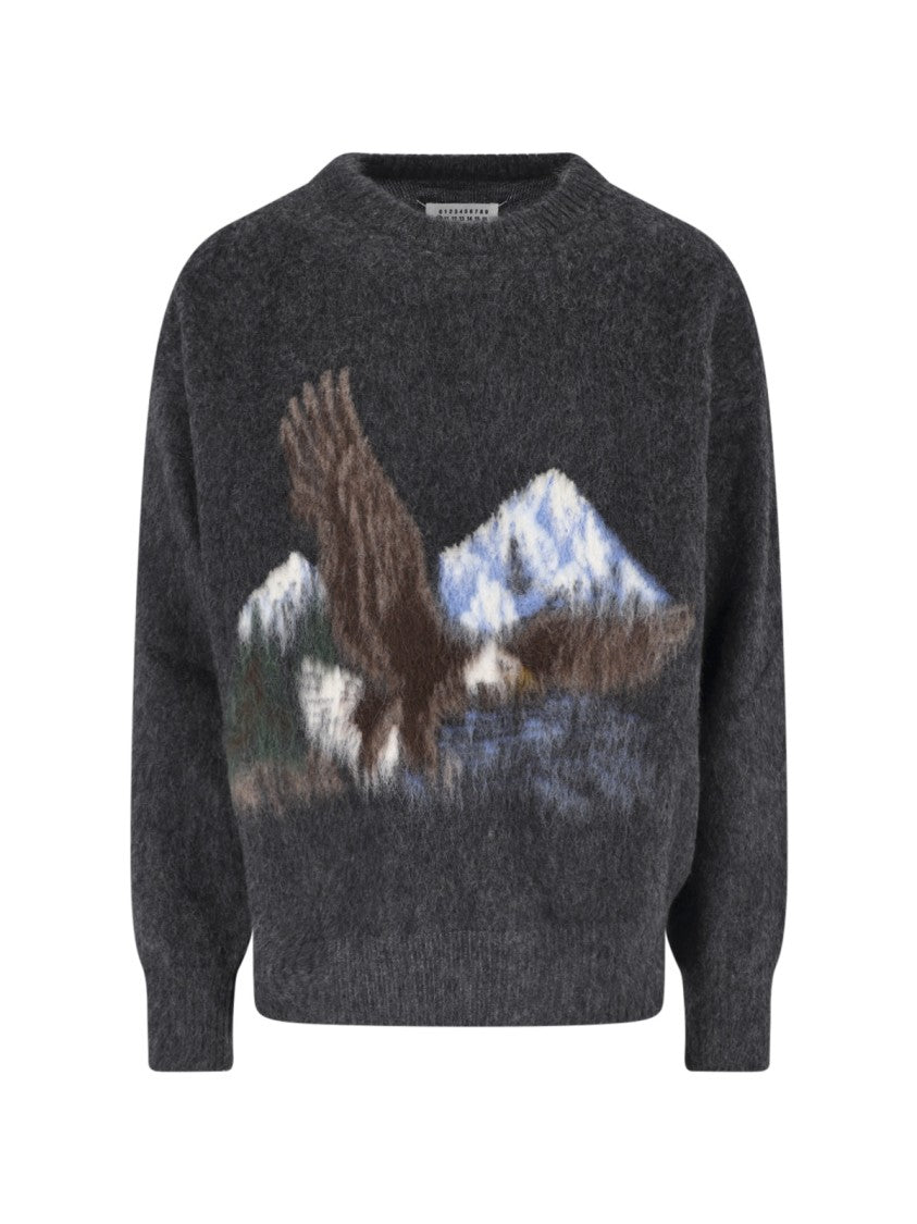 Maison Margiela Intarsia Knit Sweater With Eagle Design And Four Stitches