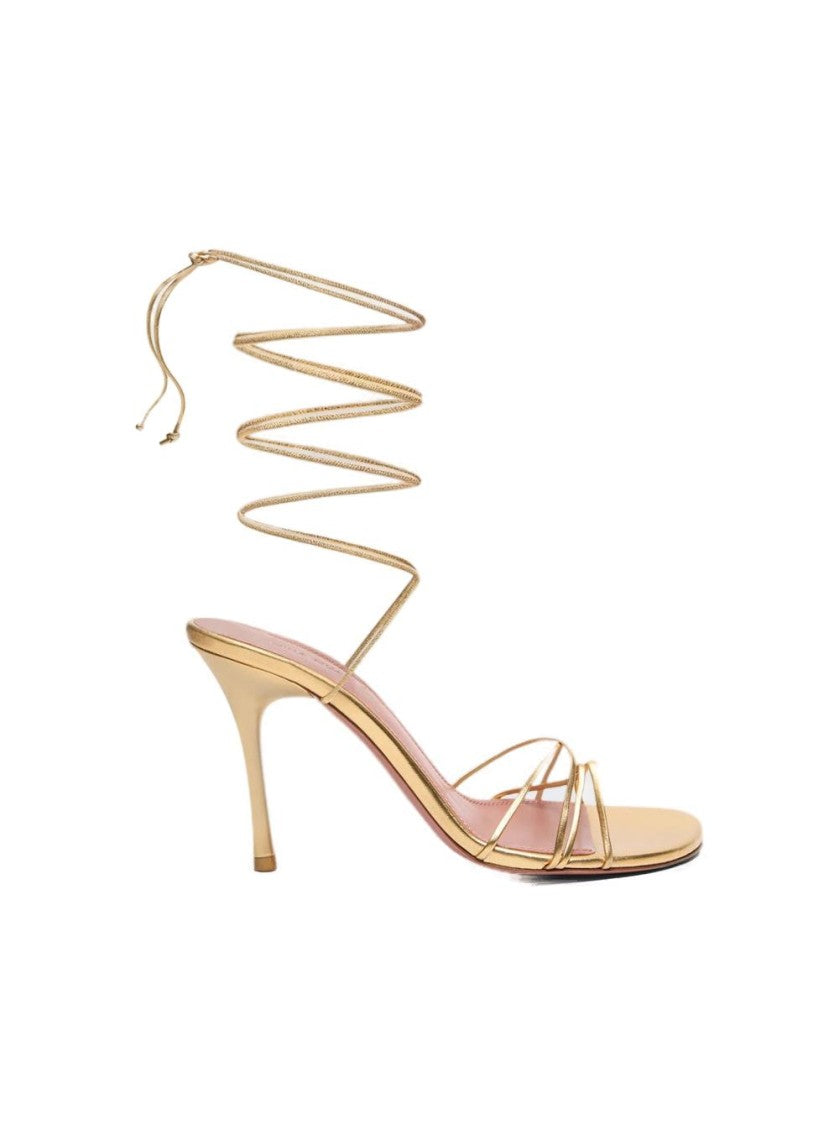 Amina Muaddi Lori Lace Up Sandals Metallic Gold Leather