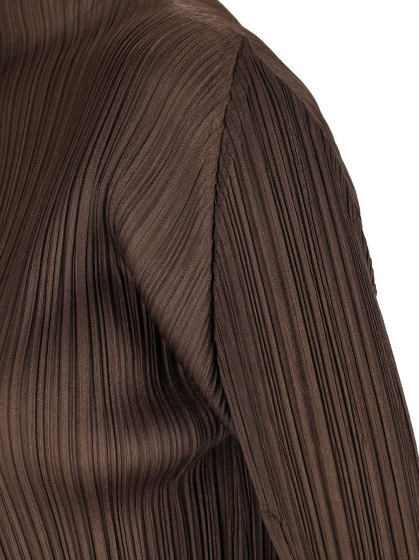 Pleats Please Top In Brown Fabric, High Neck, Long Sleeves