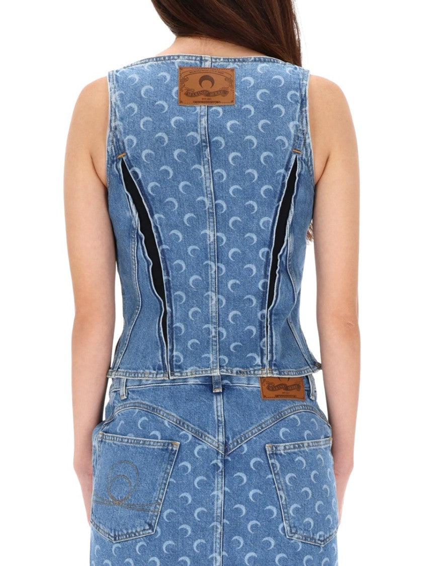 Marine Serre Blue Crescent Moon Denim Top