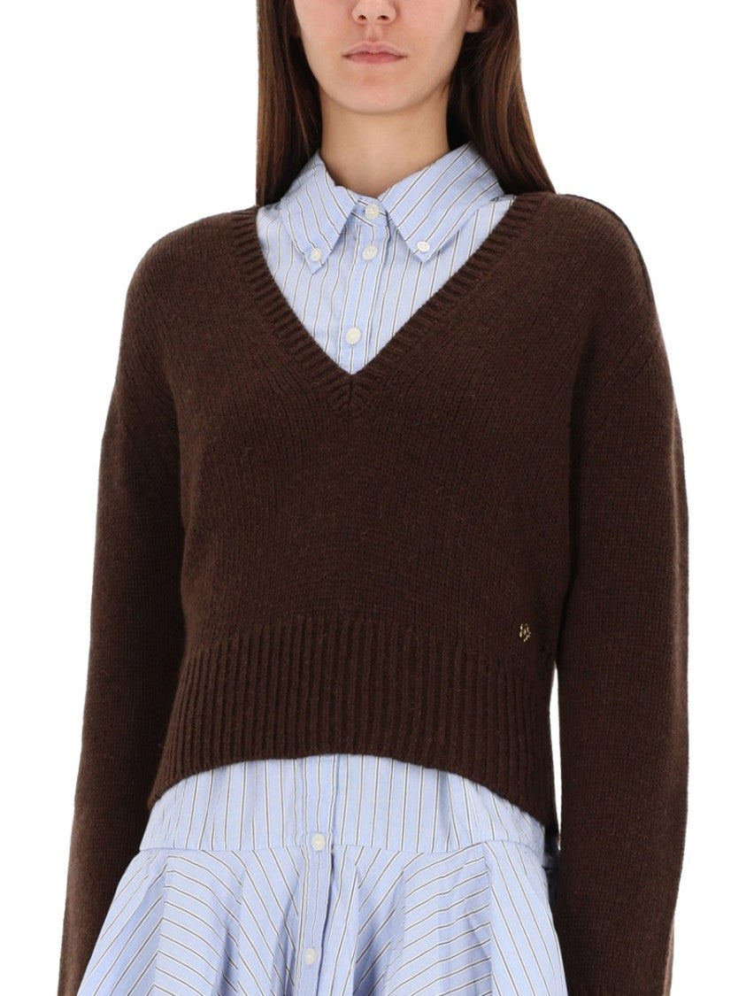 Ganni Cropped V-Neck Sweater In Rich Brown Wool
