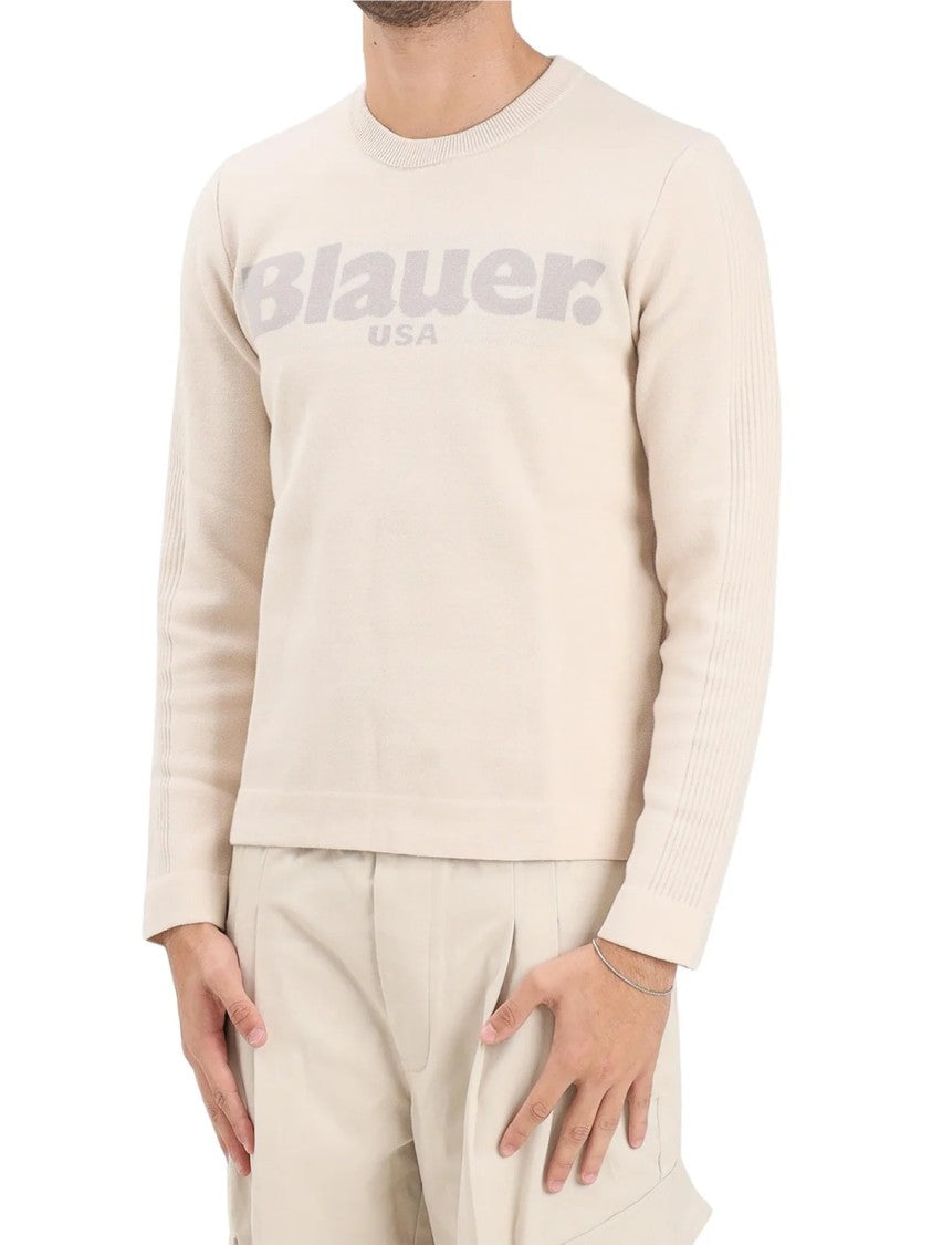 Blauer Cream Tonal Logo Cotton-Blend Crewneck Sweater