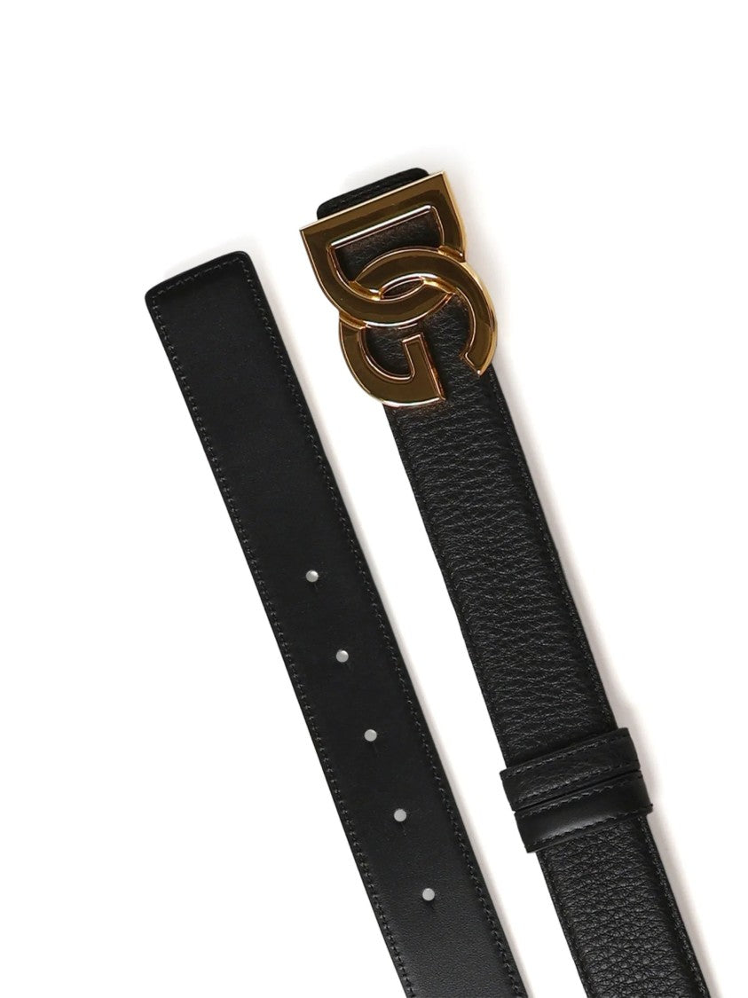 Dolce & Gabbana Textured Leather Belt With Iconic Gold-Tone Dg Buckle