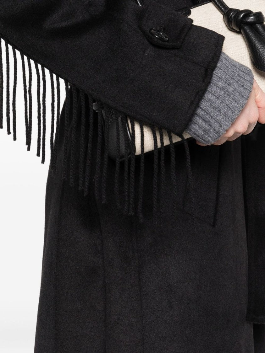 Liu Jo Mid-Length Black Coat With Decorative Fringe Detail