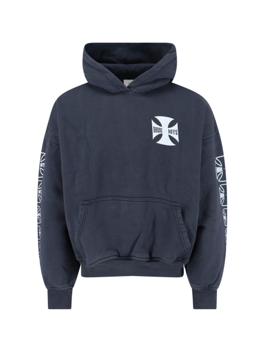 Rhude Contrast Print Black Hoodie With Kangaroo Pocket