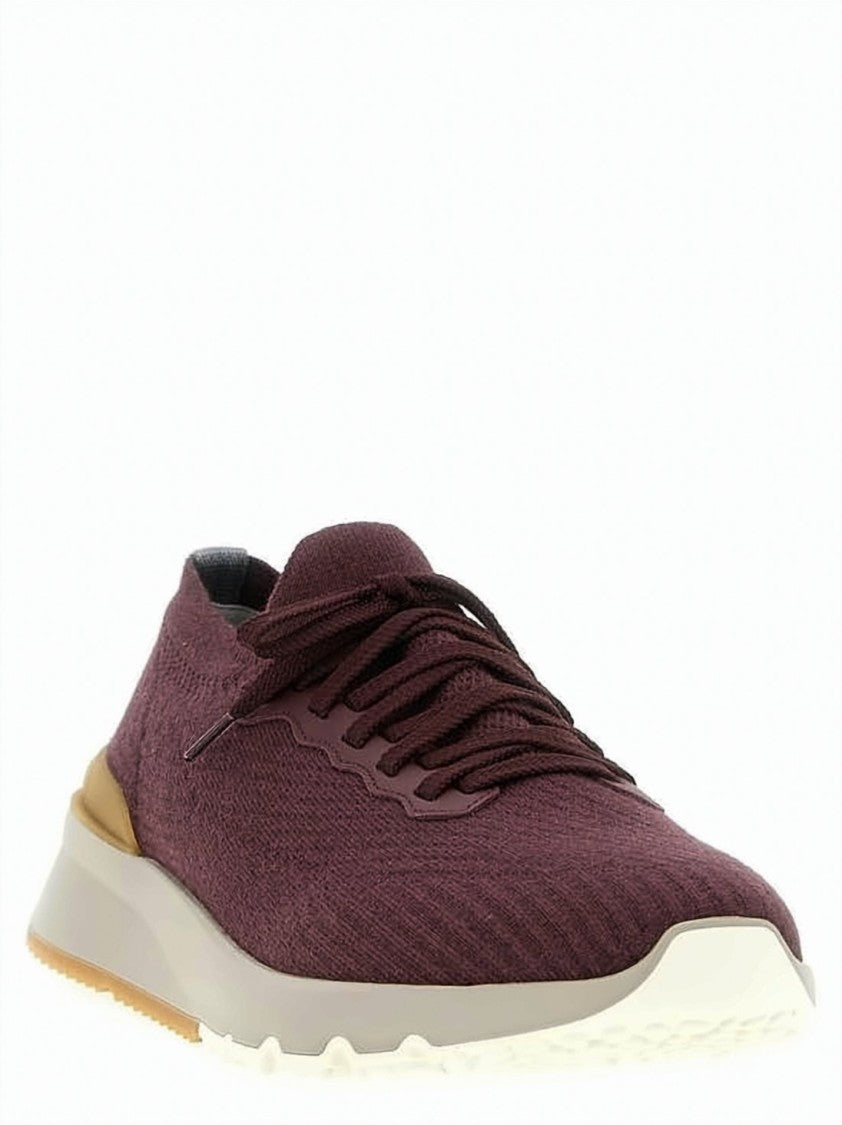 Brunello Cucinelli Seamless Knit Burgundy Sneakers With Calfskin Detailing